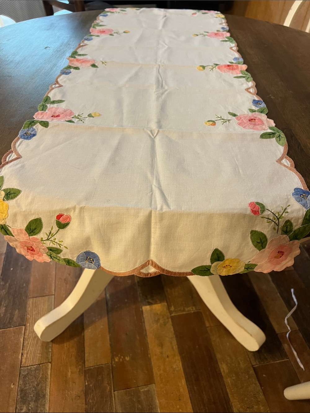 Floral Embroidered Table Runner - White with Pink, Yellow & Blue Flowers